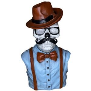 Maisey Mae Hipster Skeleton Bartender Bust Mustache, Bow & Fedora (Large)